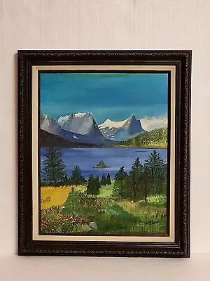 VTG 1980s Oil Painting Canvas Board Signed Wood Framed Glacier Nat'l Park Lake  • $78.85