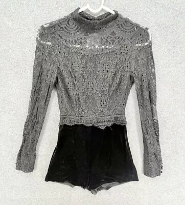 H&M Romper Womens 2 Black Velvet Jumpsuit Shorts Lace Long Sleeves Body • $13.59