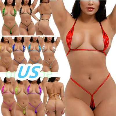 USWomen Micro Bikini Set Shiny Bra Top G-String Thong Lingerie Swimsuit Swimwear • $7.18