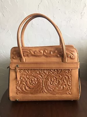 Vintage Tooled Leather Mont- Abur Purse Top Handle Bag Bohemian Light Brown • $45