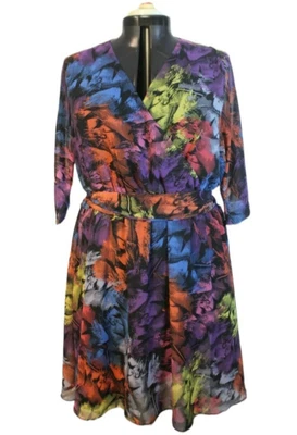 $59.95 • Buy Asos Curve ~ Black Red Blue Yellow Purple Feather Print Dress W Belt 26 Plus
