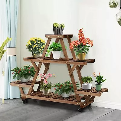 £22.92 • Buy Multi Tier Wooden Plant Stand Carbonized Flower Rack Potted Organizer Wheeled