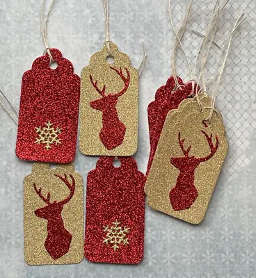 £2.99 • Buy Christmas Glitter Card Gift Tags Red Rudolph Reindeer & Snowflake Secret Santa