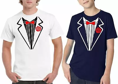 Mens Short Sleeve Top Boys Tuxedo Rose Bow Tie Print T Shirt Fancy Dress Lot • £6.98