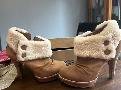 Ugg Georgette Ankle Booties Womens Size 8.5 Sheepskin Cuff High Heel Tan MintD14 • $100