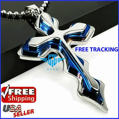 Cross Pendant Necklace BLUE Stainless Steel Alloy Unisex Crucifix FREE Chain • $3.49