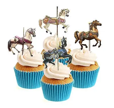 Novelty Carousel Horses Mix 12 Edible Stand Up Wafer Paper Cake Toppers • £3.29