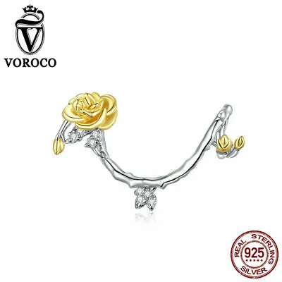 Women S925 Sterling Silver Yellow Rose Bead Charm Fit Bracelet Necklace VOROCO • £10.61