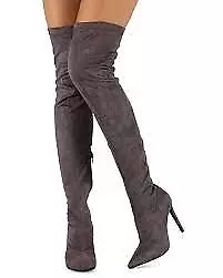 Liliana Gisele-7 Thigh High Stretchy Suede Fitted Pointy Stiletto Boot Grey • $29.99