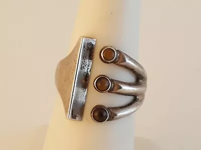 Vintage Modernist Tigers Eye Sterling Silver Ring Signed MN Scandinavian Sz 6.5 • $89.95