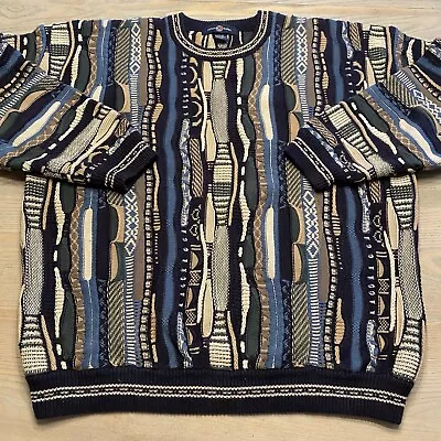 Vintage Cotton Traders 3D Textured Sweater Mens XL Beige Blue Green Coogi Style • $74.95