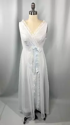 Vintage Nightgown PETITE SMALL Blue Sheer Nylon Embroider SHADOWLINE Modest 70s • $46