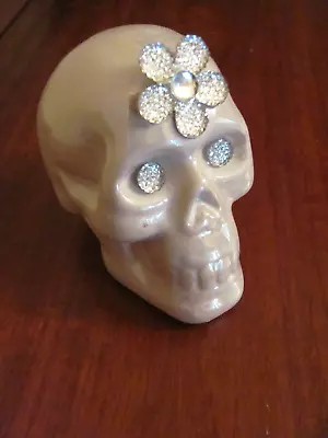 Hand Decorated/accented White Pearl Ceramic Skull W/ Flower & Bling Eyes • $5.99