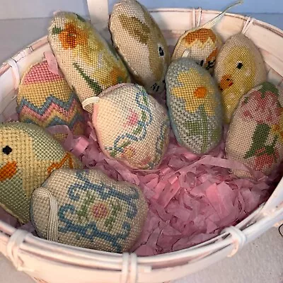 VTG Needlepoint Easter Bunny Rabbit 10 Eggs Handmade Decor Lot Of 12 Decor • $29