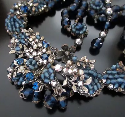 Vintage Miriam Haskell Blue Crystal & Rhinestone Floral Beaded Necklace Unsigned • $1575