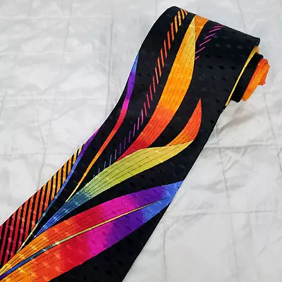 NWOT VITALIANO PANCALDI Glossy Black Colorful Silk Luxury Tie Geometric Print • $39.99