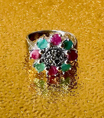 New Real Ruby-emerald-marcasite Sterling Silver Rhodium Over Ring Size 8/tcw36.5 • $24