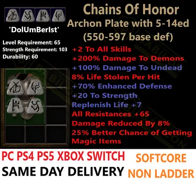 ✅ PC PS4 PS5 XBOX SWITCH ✅ Chains Of Honor Coh Diablo 2 Resurrected Items D2R • $4.80