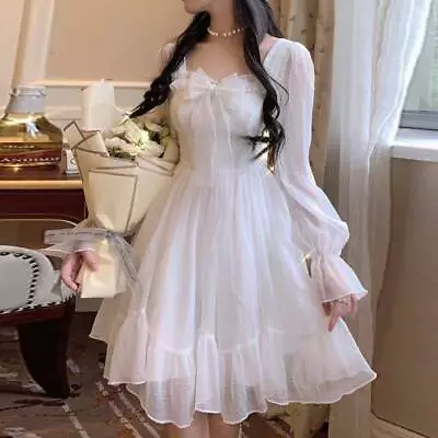 Fairy Lolita Dress Women Long Sleeve Lace Mini Dress Retro Kawaii Sweet White . • £21.23
