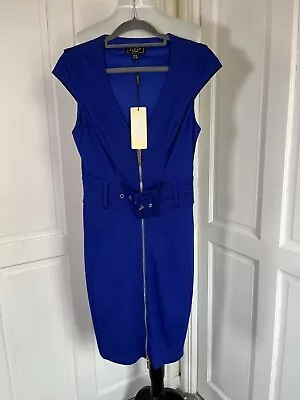 Lipsy Ladies Zip Front Belted Cobalt Blue Jersey Dress Size Uk 8 New With Tags • £9.99