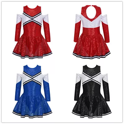 UK Kids Girls Cheer Leader Uniform Sequins Jazz Dance Dress Performance Costume • £17.09