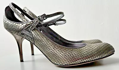 Via Spiga Silver Reptile Skin Pattern Shoes Strap & Buckle Pumps Sz 8 EUC • $29.90