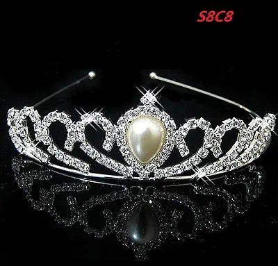 $7.95 • Buy Bridal Pearl Crown Head Tiara Crystal Hair Pageant Princess Queen Crown S8C8