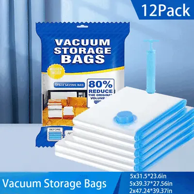 12 X Jumbo Vacuum Storage Bags Travel Space Saver Garment Seal Clothes Hand Pump • $17.98