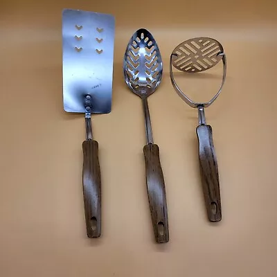 Vintage Ekco Set Spatula Slotted Spoon Masher Wood-Look Handles Stainless USA • $24.97