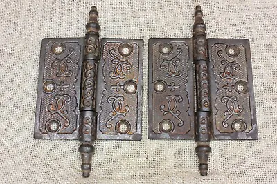 2 Old Door Hinges 3 1/2 X 3 1/2  Antique Steeple Top Pin Clean Vintage Cast Iron • $60.91