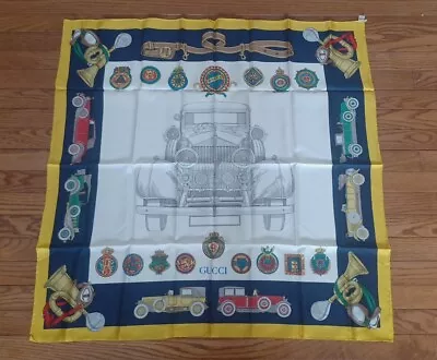 Vintage GUCCI Rolls Royce Silk Scarf Yellow Trim 33”x33  UnUsed Ref957 • $99.99