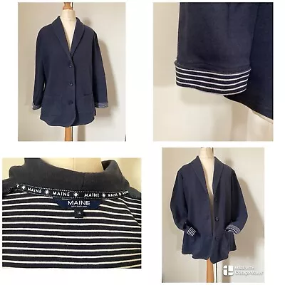 Maine New England Jacket 14 Navy Cotton Jersey 3/4SleeveContrast StripeVGC • £8.99