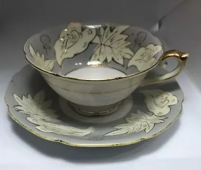 UCAGCO China Gray & Cream Leaves Floral Teacup & Saucer Plate Made In Japan • $4.99