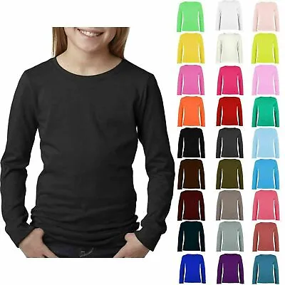 Girls Kids Plain Basic Long Sleeve Round Neck T-Shirt Stretch School Tee Top • £5.95