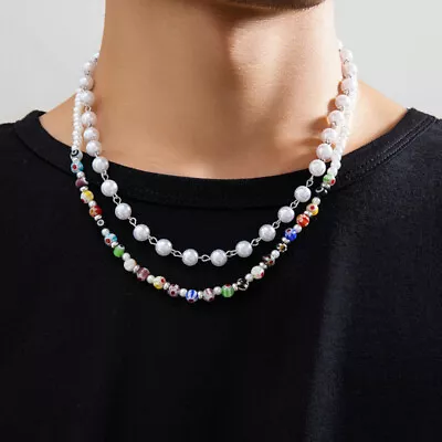 Bead Layered Colorful Printed Glass Pearl Necklace For Men Sweater Chain • $6.19