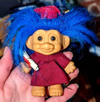 Graduation Troll Doll W/ Blue Hair Diploma Cap & Gown Vintage 90s Russ Toys • $5