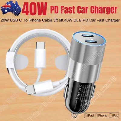 Dual Type C Fast 40W Car Charger Adapter PD Cable For IPhone 14 13 12 11 Pro Max • $12