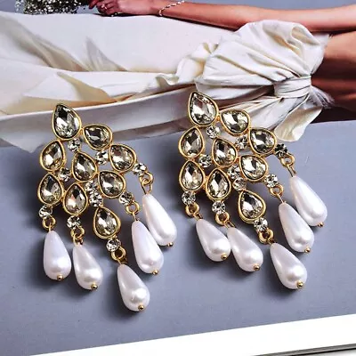 Multicolor Rhinestone Dangle Earrings Pearl Fringe Gold Pierced Colorful Earring • $6.29