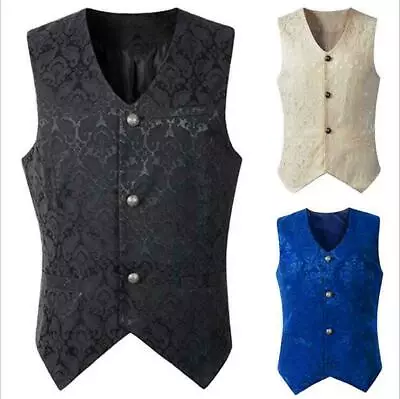 Retro Mens Floral Brocade Vest Waistcoat Gothic Steampunk Victorian Blue S-3XL @ • $23.26