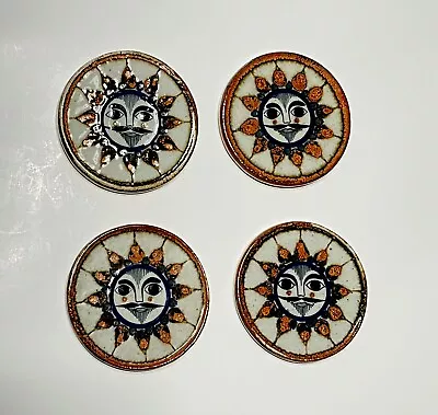 4 Vintage Mexico Tonala Pottery Coasters Wall Plaque Tile Sun Face Folk Art 4  • $49.95