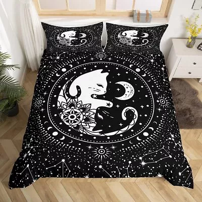 Cute Cats Duvet Cover QueenGothic Star Sky Moon Constellation Bedding Set 3pc... • $48.66