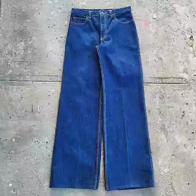 Vintage 70s Oz Jeans 31x33 Wide Leg Blue Chemin De Fer Loose Dark Leather Trim • $219.60