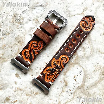 Brown And Orange Embossed Handmade Leather Watch Band Strap For Fitbit Ionic • $88.57