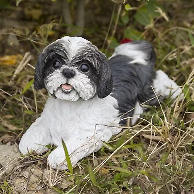 Dog Statue Black White Shih Tzu Resin Garden Figurine Sculpture Realistic Puppy • $67.99