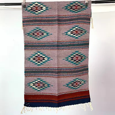 Vintage Handwoven Made In Mexico Wool Oaxacan Woven Rug Fringe 30  X 54  • $65