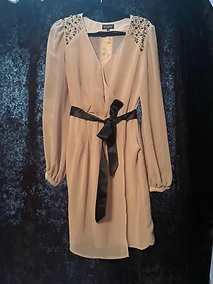 Gorgeous Beige Long Sleeved Embellished Wrap Dress Size16 Spotlight By Warehouse • £0.99