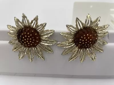 Vintage Sarah Coventry Sunflower Clip Back Gold Tone Huggie Earrings • $9.99