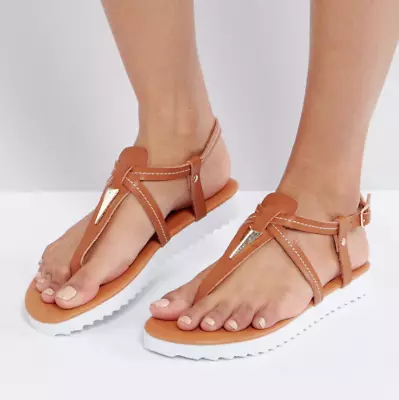 London Rebel Ladies UK 7 EU 40 Tan Brown Metal Trim Toe Post Thong Flat Sandals • £13.99