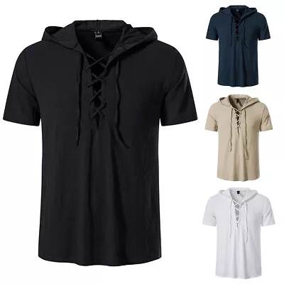 Men's Lace Up Hoodie Cotton Viking Shirt Short Sleeve Summer Tunic Hooded Tops • $18.99