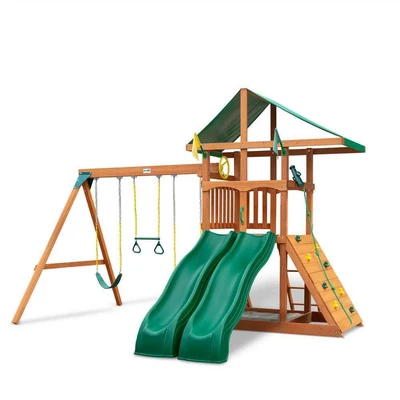 $1481.12 • Buy Gorilla Play Swing Set III Wooden Outdoor CanopyRoof+2Wave Slide+Rock Wall+Swing